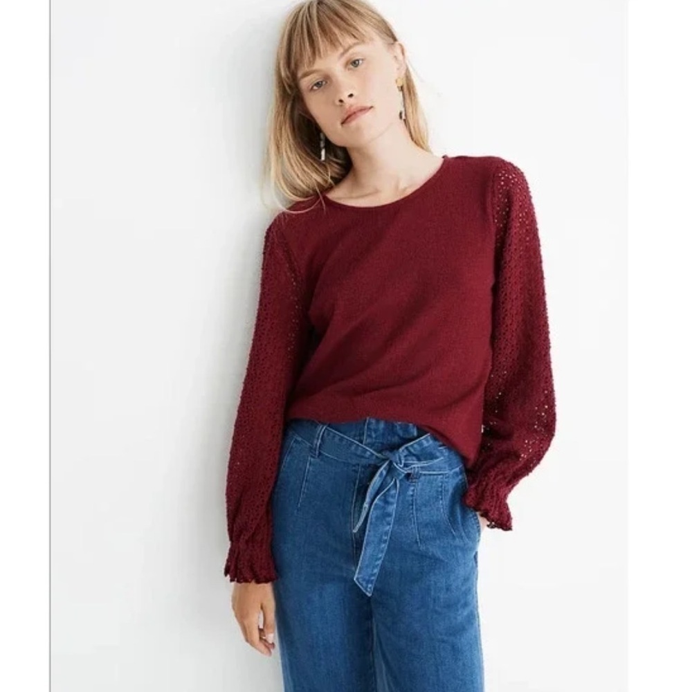 Madewell Women's burgundy Eyelet Mix Ruffle Long Sleeve Blouse Size S